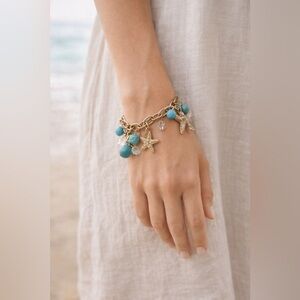 Vintage Y2K Bracelet Sea Motif Silver  Starfish Seashells Turquoise Beads Charms